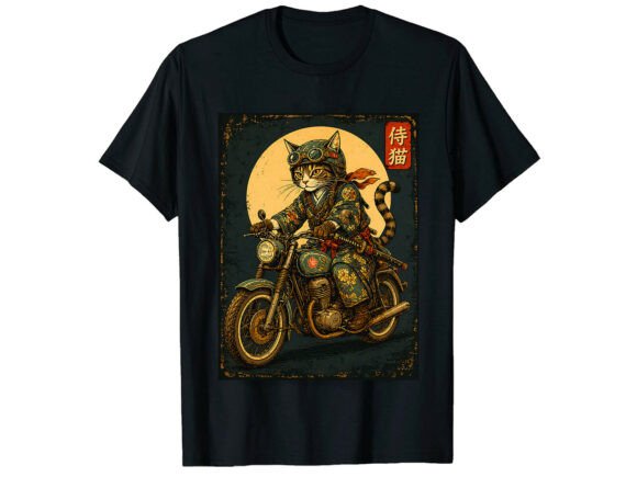 Embody Strength: The Biker Cat Japanese Samurai T-Shirt Design